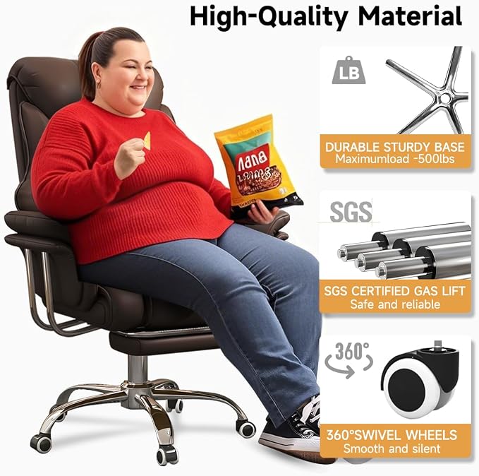 Big and Tall Office Chair 550 lbs Extra Wide Leather Executive Chair with Retractable Footrest, Heavy-Duty Ergonomic Chair, Adjustable Height Computer Gaming Chairs
