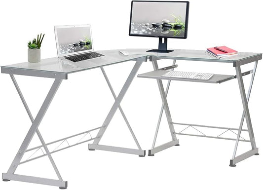 Techni Mobili L Shaped Desk with Keyboard Tray - Efficient Work from Home Desk - Glass L Shaped Desk - Professional Work Desk for Home Office - Versatile Glass Corner Desks for Home Office