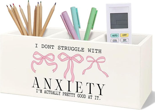 Bookmark Holder Decor Wooden Pen Pencil Holder for Desk, Anti Anxiety Mental Health Gifts Wooden Pen Pencil Holder, Coquette Pink Bow Wood Holder Organizer for Desk Vanity Bathroom Kitchen
