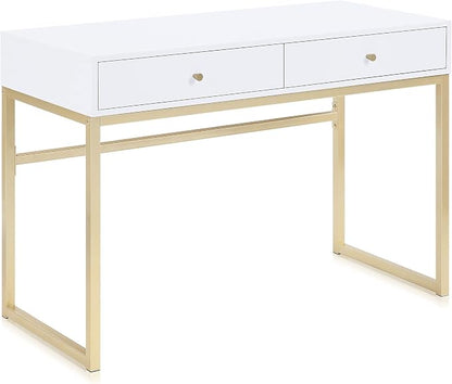 BELLEZE Modern 42 Inch Makeup Vanity Dressing Table or Home Office Computer Laptop Writing Desk with Two Storage Drawers, Wood Top, and Gold Metal Frame - Bronte (White)