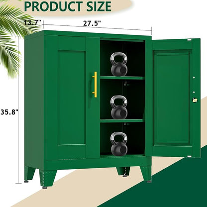 winiowa Tall Metal Storage Cabinet with Lock, Locking File Cabinet with 2 Doors and 2 Adjustable Shelves, Green Lockable Organizer for Home Office Garage（27.6" W）