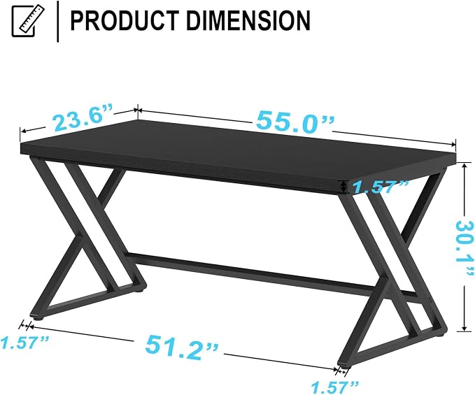 LVB Black Computer Desk, Modern Gaming PC Writing Desk for Home Office, Metal Computer Study Work Table for Bedroom, Industrial Executive Student Simple Workstation Desk, 55 in, Black Oak