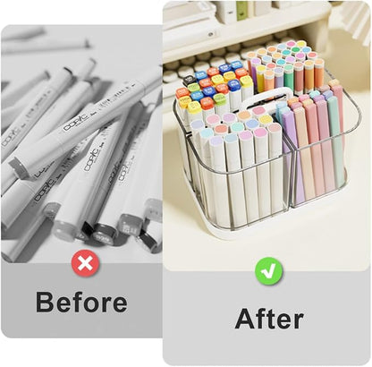 Small Plastic Portable Caddy with Handle, Stackable Pen Holder 4 Compartments, Clear Pencil Organizer for Art Supplies, Crafts, Colored Pencils, Stationery, Markers