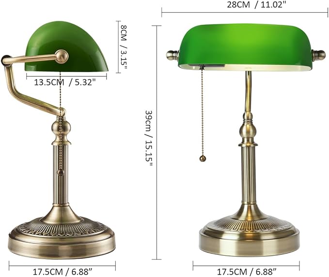 Green Glass Bankers Desk Lamp with Pull Chain Switch Plug in | Fixture for Home Office