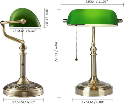 Green Glass Bankers Desk Lamp with Pull Chain Switch Plug in | Fixture for Home Office
