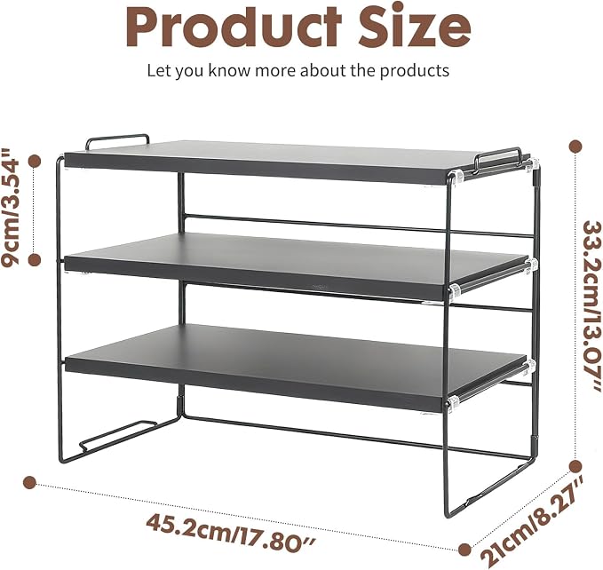 PowerKing Desk Shelf Organizer, 3-Tier Desktop Shelves with Wood Board, Adjustable Bookshelf Storage Rack for Home Office School Study Room (Black Frame + Black Wood)