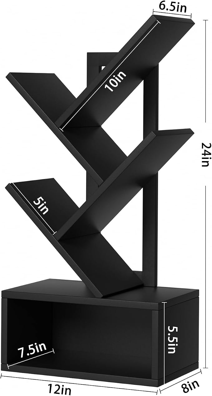 SHEEPAM Small Tree Book Shelf,5 Tier Black Tree Bookshelf,Black Desktop Bookcase,Modern Desk Display Storage Bookshelves,Floor Standing Organizer Bookcases for Living Room,Bedroom,Office