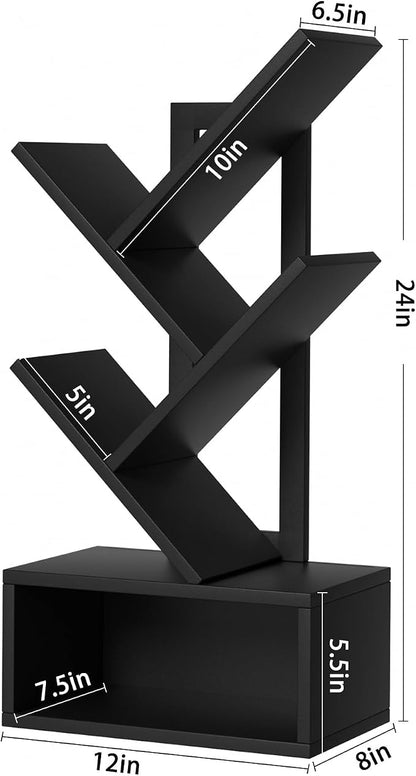 SHEEPAM Small Tree Book Shelf,5 Tier Black Tree Bookshelf,Black Desktop Bookcase,Modern Desk Display Storage Bookshelves,Floor Standing Organizer Bookcases for Living Room,Bedroom,Office