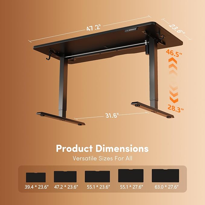 DESINO Standing Desk, 48 × 24 Inches Electric Height Adjustable, Sit and Stand Up, Computer Office Desk with Splice Board, Black Frame/Black TOP