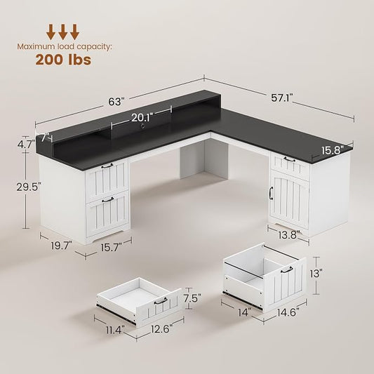 SEDETA 63" L Shaped Desk with Drawers, Farmhouse Office Desk with File Drawers, Wood Corner Computer Desk with Storage, Home Office Desk with Monitor Stand and Storage Cabinet, Black and White