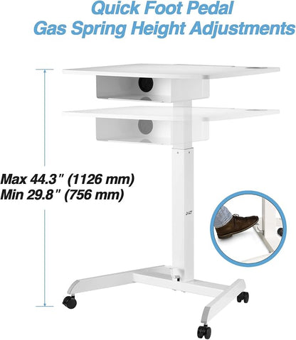 AVLT 44" Height Adjustable Foot Pedal Rolling Desk with Shelf White | 3 ft 8 inches - Pneumatic Laptop Standing Desk Cart - Mobile Laptop Cart Computer Projector Cart with Brake Casters