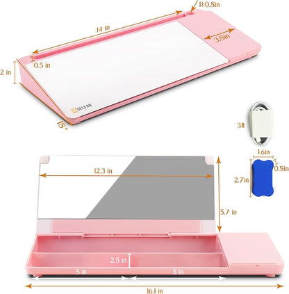 SELEAD Desktop Glass Whiteboard with Wireless Charger Station and Mirror, Dry Erase Board Computer Pad Keyboard Stand with Organizer for Home, School, Office Desk Accessories, Pink