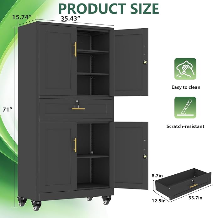 Black Metal Storage Cabinet, 71" Tall Locking Storage Cabinet with 2 Adjustable Shelves, Steel Locker Organizer, for Office, Home, School