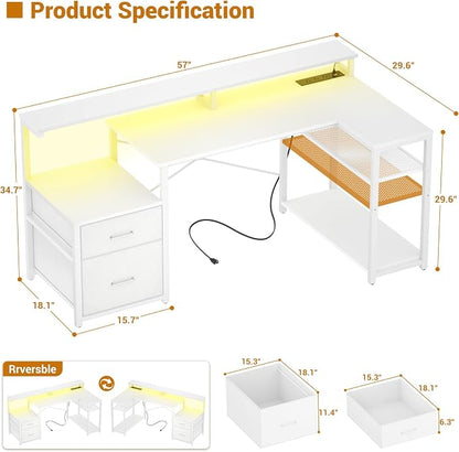 Aheaplus L Shaped Desk with File Drawer, Reversible L Shaped Computer Desk Gaming Desk with Power Outlet & LED Strip, Home Office Desk with Monitor Shelf, Corner Desk with Storage Shelves, White