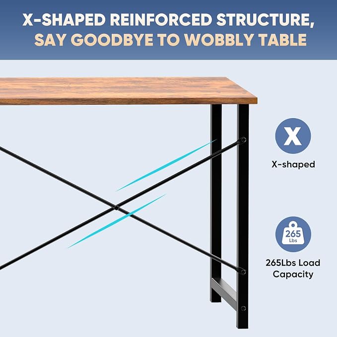 DUMOS 55 Inch Computer Office Desk Writing Gaming Study Work Large Desks for Bedroom Home Office with Metal Frame Simple Modern PC Table Workstation, Wood Brown