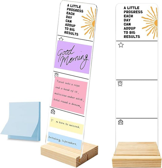 Monitor Memo Board with Removable Wooden Base Acrylic Portable Sticky Note Holder, A Little Progress Each Day Can Add Up to Big Results Acrylic Message Board, Office Desk Set Sticky Notes 100 Sheets