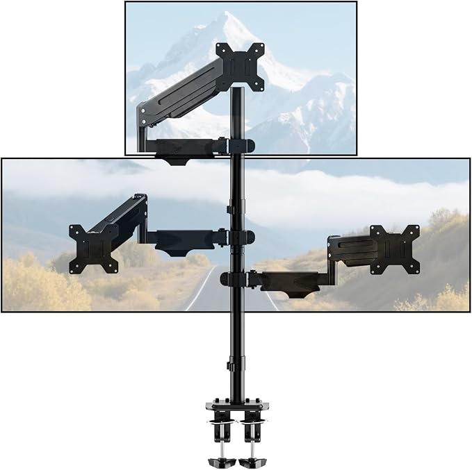 Pholiten Triple Monitor Mount, 3 Gas Spring Monitor Arms for Up to 32 inches Screens, Fully Adjustable Heavy Duty Triple Monitor Mount with Cable Management, Each Arm Holds 22 lbs
