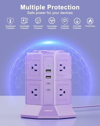 Flat Plug Power Strip Tower with 8 Outlets 4 USB Ports (2 Type C), Surge Protector Power Strip with 6.5 FT Extension Cord, Outlet Extender Charging Station with Multiple Outlets for Home Office Dorm