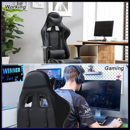 BestOffice | Ergonomic Gaming Chair | Grey | Reclining Computer Chair with Lumbar Support, Headrest Pillow, Adjustable Footrests | 360 Swivel with Heavy Duty Wheels | for Home & Office