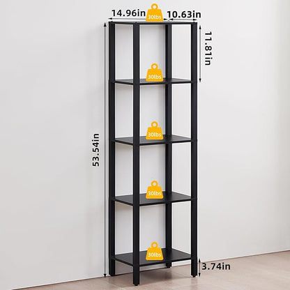 YUFAM 54in Tall Bookshelf 5-Tier Small Narrow Bookcase, Skinny Book Shelf for Small Space, Farmhouse Slim Shelf with Storage, Wood Freestanding Display Thin Bookshelves for Living Room, Office, Black