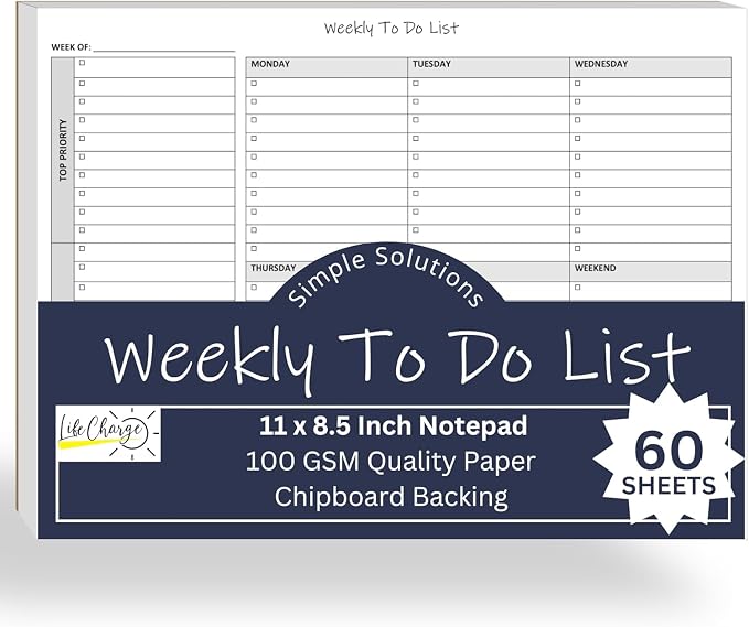 Life Charge Weekly Planner Notepad for Work & Home, Weekly To Do List Pad with Daily Checklist, Priority & Notes, 60 Pages, 8.5 x 11 Letter, Landscape