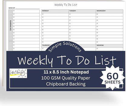 Life Charge Weekly Planner Notepad for Work & Home, Weekly To Do List Pad with Daily Checklist, Priority & Notes, 60 Pages, 8.5 x 11 Letter, Landscape