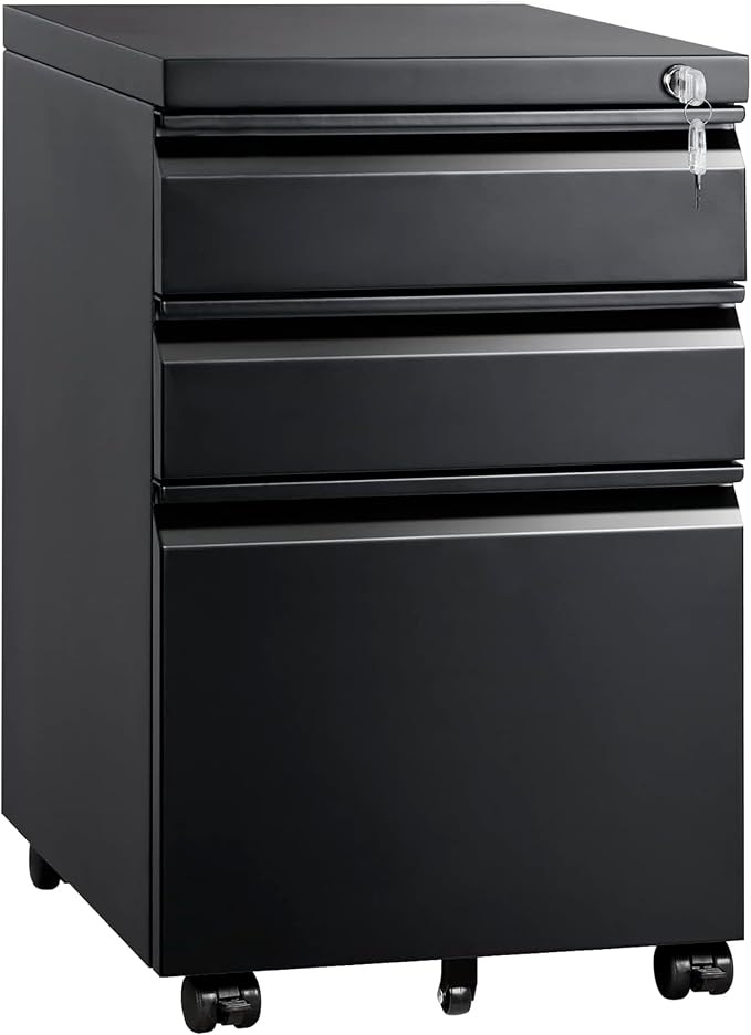 Mount-It! 3 Drawer File Cabinet with Lock and Wheels, Heavy-Duty Steel Rolling Drawer Cabinet, Fully Assembled Under Desk Filing Cabinet for Home Office Storage, 15.3" W x 19.75" D x 24.5" H, Black