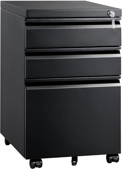Mount-It! 3 Drawer File Cabinet with Lock and Wheels, Heavy-Duty Steel Rolling Drawer Cabinet, Fully Assembled Under Desk Filing Cabinet for Home Office Storage, 15.3" W x 19.75" D x 24.5" H, Black