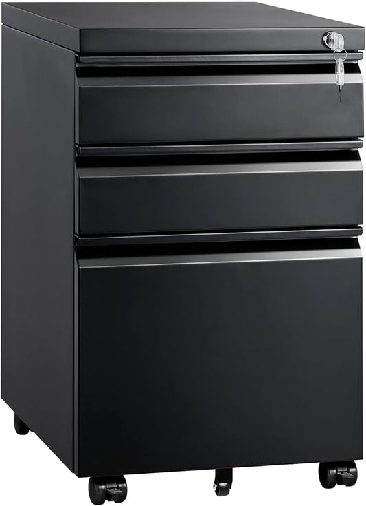 Mount-It! 3 Drawer File Cabinet with Lock and Wheels, Heavy-Duty Steel Rolling Drawer Cabinet, Fully Assembled Under Desk Filing Cabinet for Home Office Storage, 15.3" W x 19.75" D x 24.5" H, Black