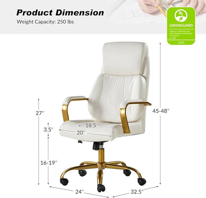 HULALA HOME Executive Office Chair with Adjustable Lumbar Support, Leather Ergonomic Office Chair with Padded Armrests, Tilt and High Back, White and Gold