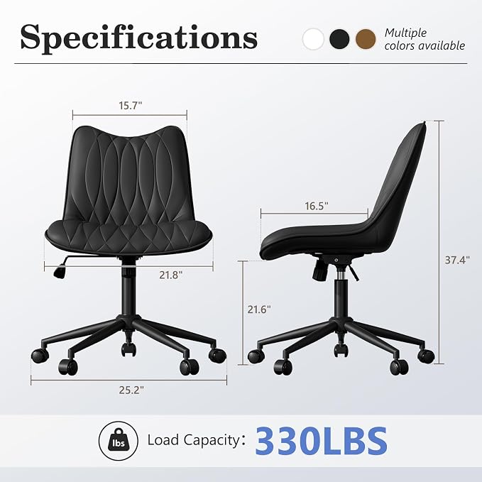 Armless Office Chair, Swivel Rolling Leather Desk Chair, Brown | Waterproof Upholstery, Padded Seat, 15° Relaxing Tilt, 330 LBS Capacity, for Bedroom Vanity and Computer Work