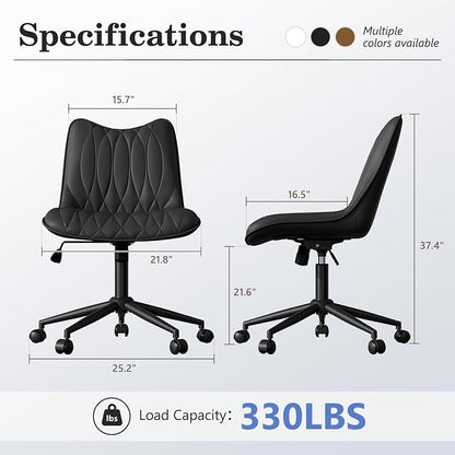 Armless Office Chair, Swivel Rolling Leather Desk Chair, Brown | Waterproof Upholstery, Padded Seat, 15° Relaxing Tilt, 330 LBS Capacity, for Bedroom Vanity and Computer Work