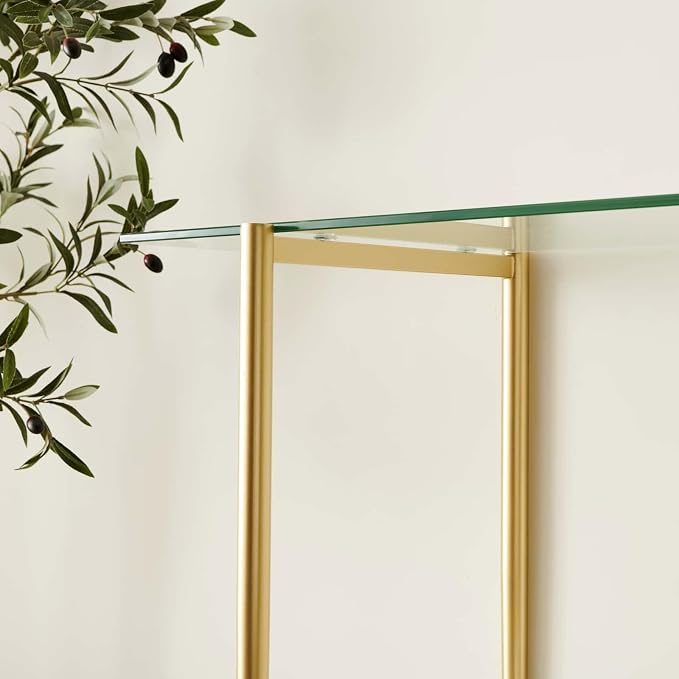 LumFurn Glass Console Table for Living Room, Foyer & Entrance, 2-Tiers Mid-Century Modern Sofa Table with Clear Glass Top, White Marble Finish Wood Shelf and Gold Finish Frame