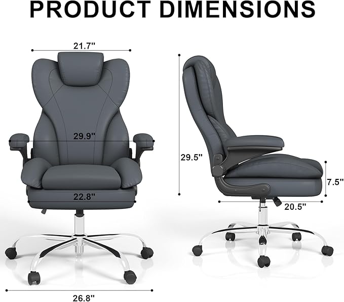 Office Chair, Home Desk Chair, Ergonomic Computer Chair with Lumbar Support, Executive Leather Chair with Flip-Up Armrests, Big and Tall Swivel Rolling Chair, Grey