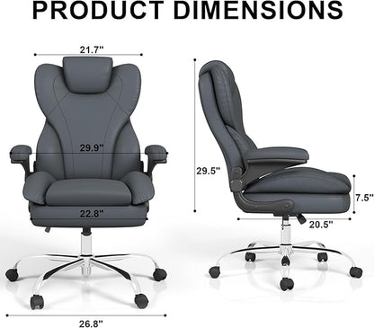 Office Chair, Home Desk Chair, Ergonomic Computer Chair with Lumbar Support, Executive Leather Chair with Flip-Up Armrests, Big and Tall Swivel Rolling Chair, Grey