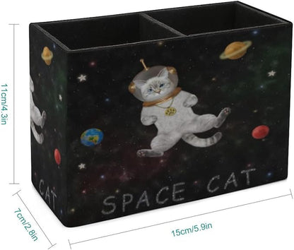 Niapessel Pencil Holder for Desk, Cat Astronaut Outer Space Pen Holder Storage Desktop Pen Organizer Desk Pencil Organizer Makeup Brush Holder for Office School College Leather