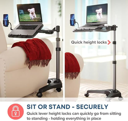 LEVO G2 V16 Rolling Laptop Workstation Stand Cart with Mouse Tray and Phone Holder for Bed Couch Recliner or Chair, Adjustable Mobile Desk for Remote Office Reading and Study