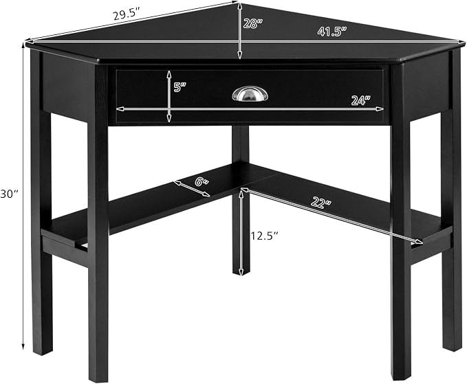 POWERSTONE Corner Desk for Small Space - Triangle Computer Writing Desk Corner Makeup Vanity Table with Storage Drawer & Shelf for Home Office, Workstation, Living Room, Bedroom,Black