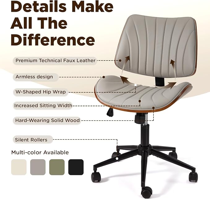 EROMMY Armless Office Desk Chair,Wooden Back Small Office Desk Chair No Arms Adjustable Height Modern Armless Chairs with Swivel Wheels for Small Spaces, Grey
