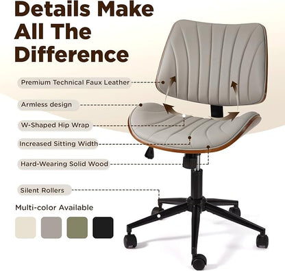 EROMMY Armless Office Desk Chair,Wooden Back Small Office Desk Chair No Arms Adjustable Height Modern Armless Chairs with Swivel Wheels for Small Spaces, Grey