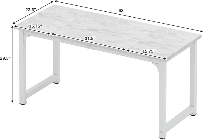 NSdirect 63" Large Computer Desk,Modern Simple Style PC Table Office Desk Wide Workstation for Study Writing,Gaming and Home Office,Extra 1" Thicker Wooden Tabletop and Black Metal Frame,Stone White