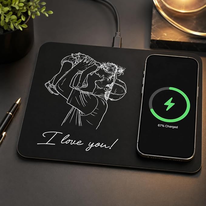 Dad Sketch Line Art Custom Photo Father's Day Birthday Gift for Dad, Husband - Personalized Charging Pad, Office Photo Charger Mat Gift for Husband, Personalized Dad Sketch Line Art Charging Pad
