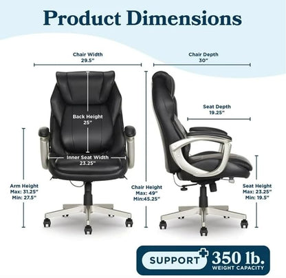 Lazzyboyy Executive Office Chair, Black Leather, Big and Tall, Active Lumbar Support, Ergonomic Design with Silver Base-Patented Active Lumbar Technology-Construction Supports up to 350lbs