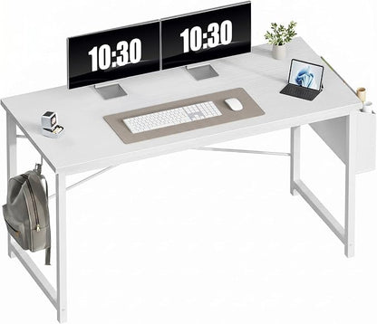 OLIXIS 55 Inch Computer Desk for Home Office, Writing Study Craft Gaming Table, Modern Computer Workstation with Storage Bag and Headphone Hook for Bedroom Small Spaces, White