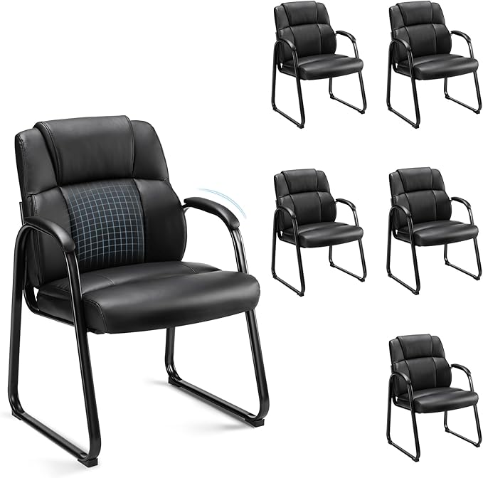 Sweetcrispy Waiting Room Guest Chair Set of 6, Leather Stationary Office Reception Chairs No Wheel, Comfy Padded Arms and Seld Base, for Conference Room Lobby Home Desk Bedroom Elderly, Black
