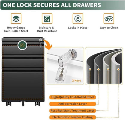 3 Drawer File Cabinet with Lock,Under Desk Filing Cabinet for Home Office Storage Letter/Legal/A4,Mobile Steel Cabinets with Wheels,Fully Assembled,Black