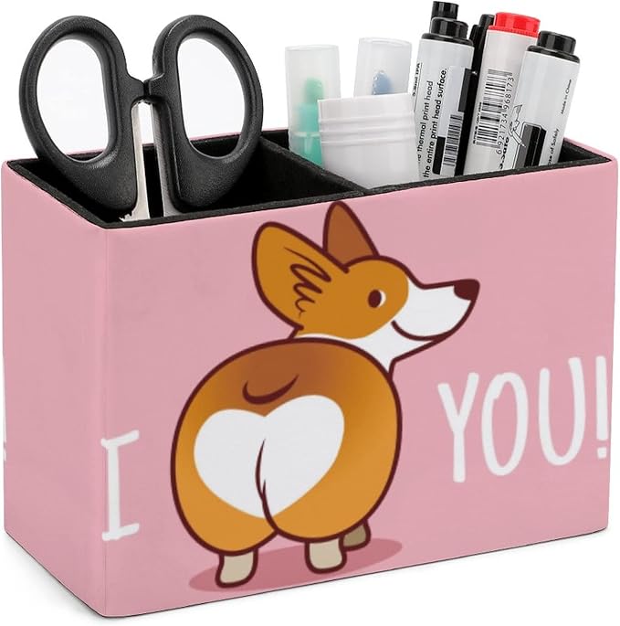 Niapessel Pencil Holder for Desk, Cute Corgi Dog Pen Holder Storage Desktop Pen Organizer Desk Pencil Organizer Makeup Brush Holder for Office School College Leather