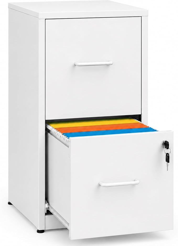 SAWJEC 2 Drawer File Cabinet with Lock, Small Metal Filing Cabinet for Home Office, Vertical Locking File Cabinet with Letter Size Hanging Files, White, 25.6" H x 15.0" W x 17.7" D