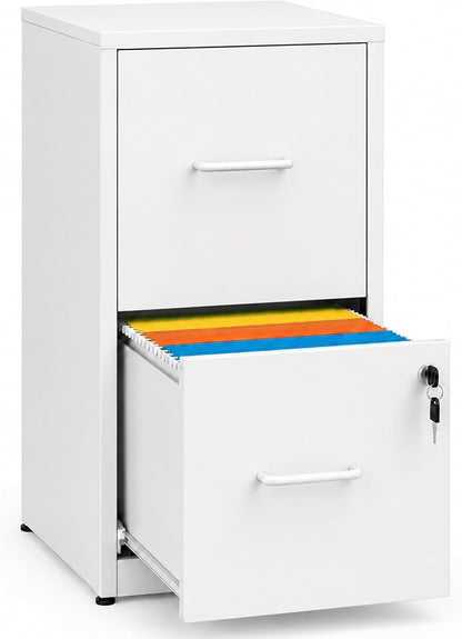 SAWJEC 2 Drawer File Cabinet with Lock, Small Metal Filing Cabinet for Home Office, Vertical Locking File Cabinet with Letter Size Hanging Files, White, 25.6" H x 15.0" W x 17.7" D