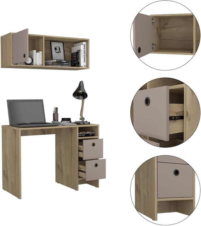Aramis Office Set with 2 Shelves, 2 Drawers, Wall Cabinet, Single Door Cabinet, and Metal Hardware, Light Oak/Taupe – Complete Home Office Furniture Set